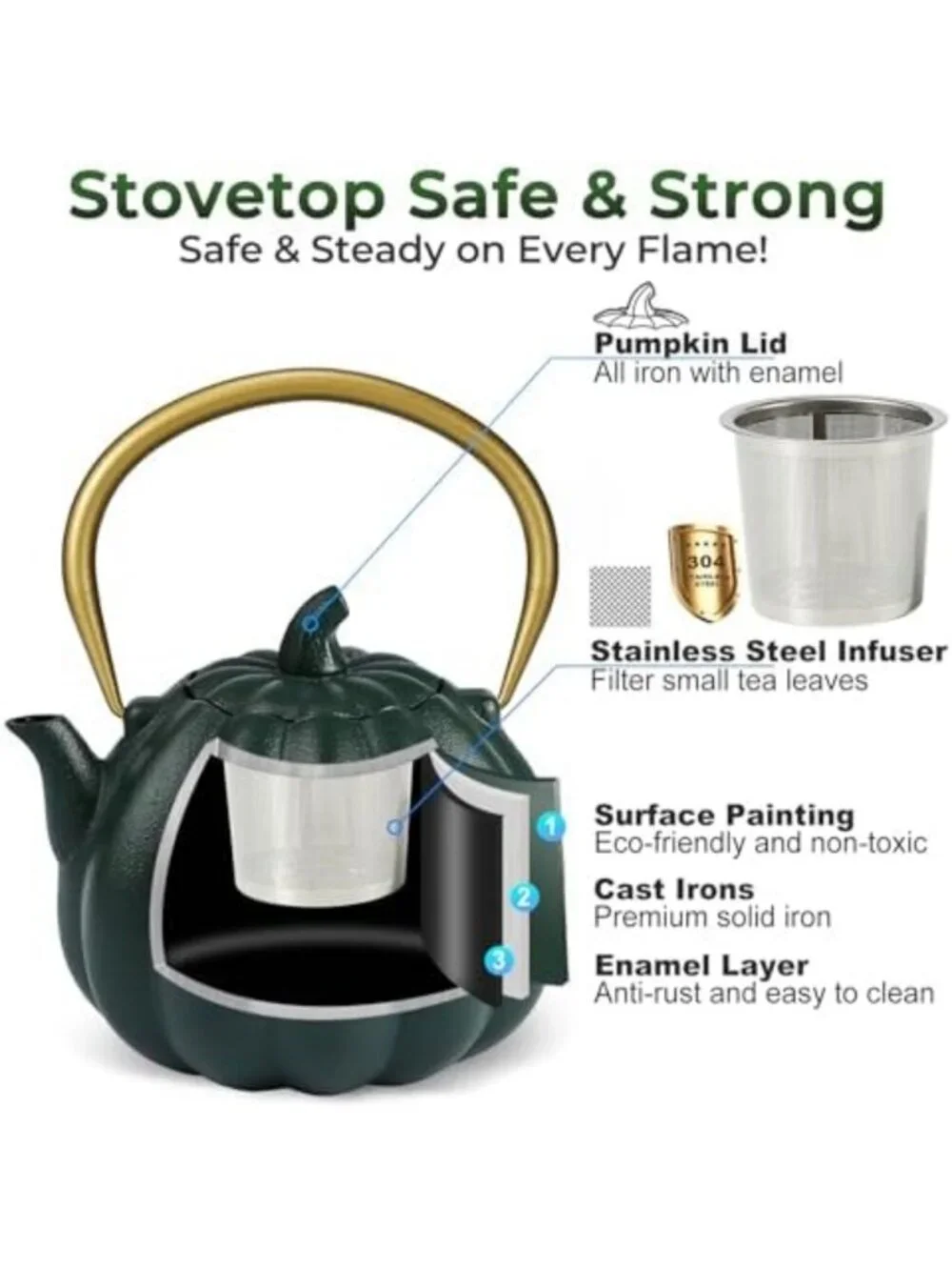 40oz Dark Green Pumpkin Cast Iron Teapot - Small Japanese Kettle for Tea Lovers